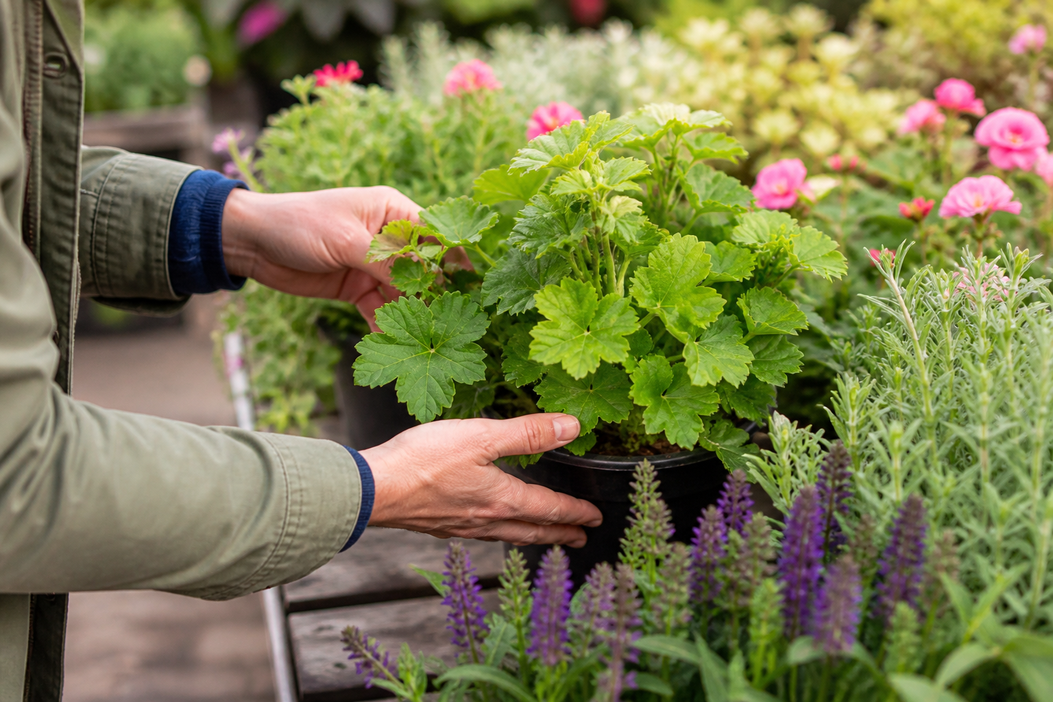 Iemand vergelijkt een bladrijke plant tussen bloeiende vaste planten.
