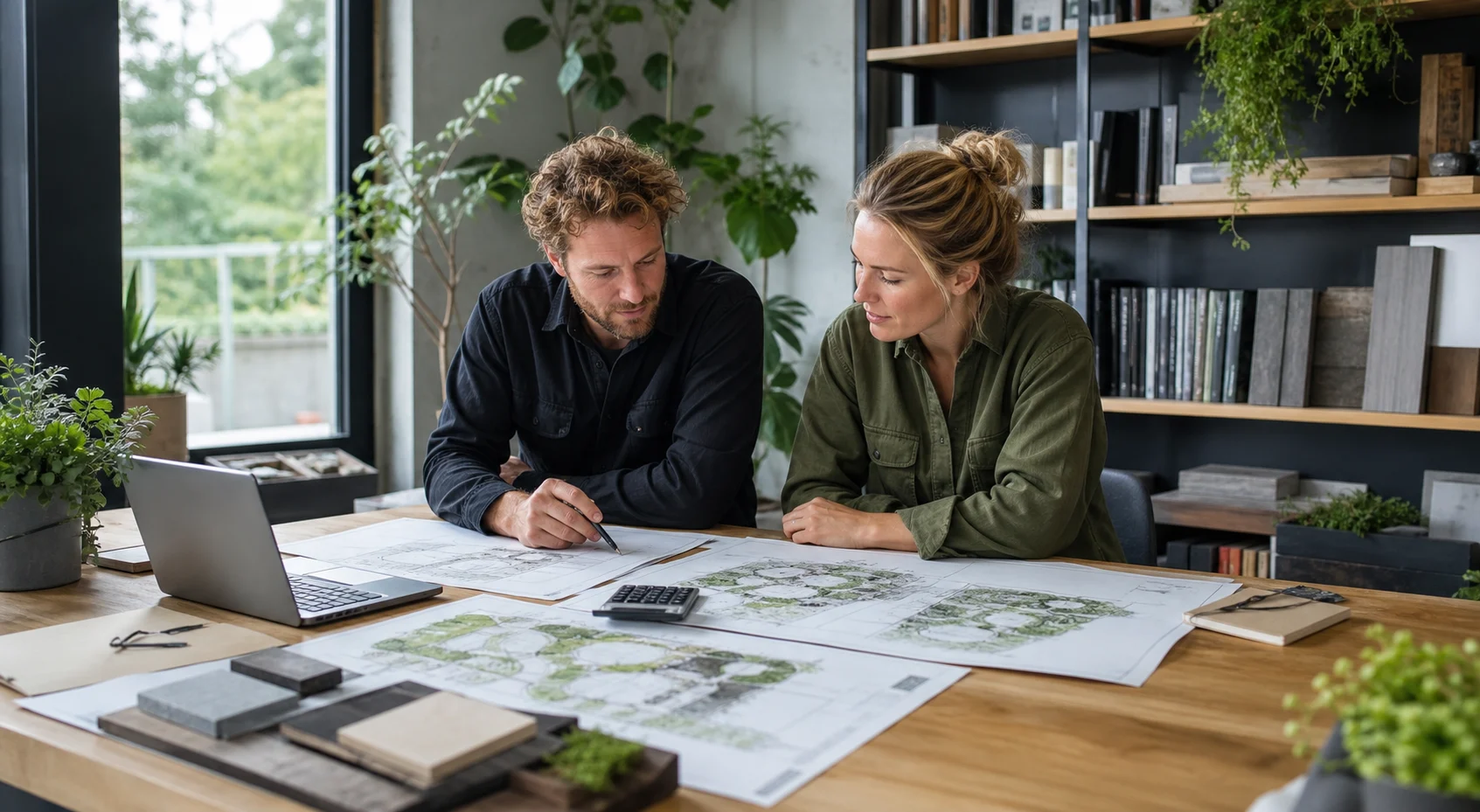 Twee hoveniers bespreken projectplanning en zakelijke pakketten aan een werktafel