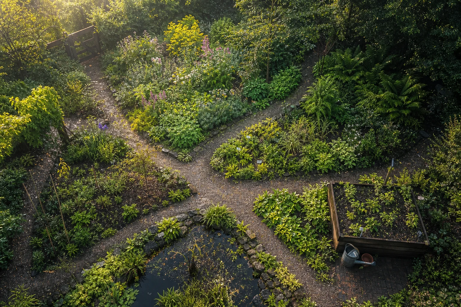 Een groene tuin vormt van bovenaf een levende kaart van verbonden borders en tuinplekken